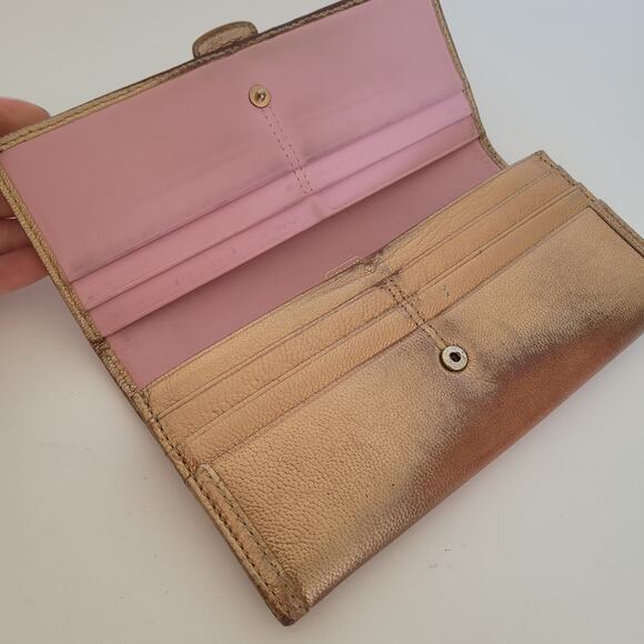 Coach Wallet All Leather Envelope 8x4 Large Buckle Gold Pink Metallic Clutch - Picture 3 of 9